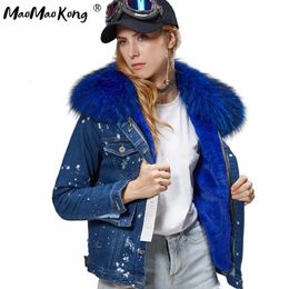 maomaokong autumn winter coat women Denim jacket girl bomber faux fur thick lining raccoon Big collar 240103