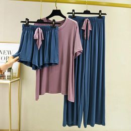 Skirts Fdfklak Shortsleeved Shorts + Trousers Women 3 Pcs Home Suit Summer New Pamas Modal Nightwear Pyjama Femme Sleeping Clothes