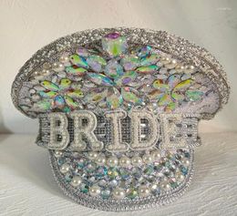 Berets Handmade Luxury Rhinestone Women Bride Captain Hat Military Cap Sergeant Bridal Hen Do Festival Birthday Part HatBerets Oli6302963