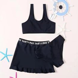 set Girls 3pack Solid Black Girl Bikini Swimsuit Kids with Cover Beach Skirt Letter Tape Children's Swimwear 714 Years Bathing Suit