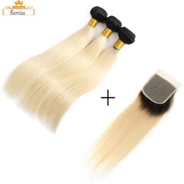 Wefts Ombre 1B 613 Blonde Brazilian Human Hair Bundles with Closure Unprocessed Brazilian Straight Hair Extensions and Closure 1b 613 Bu