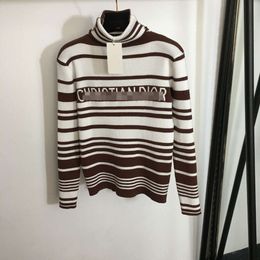 Women's Knits & Tees Chest Letter Contrast Stripe High Neck Slim Fit Long Sleeve Pullover Knitted Bottom Shirt