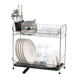 Kitchen Storage IRIS USA 2-Tier Slim-Sized Dish Drying Rack With Drain Spout Black