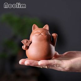 Purple Clay Lucky Cat Tea Pet Handmade Cute Small Animal Figurines Creative Ceramic Crafts Teahouse Table Decoration Ornaments 240103