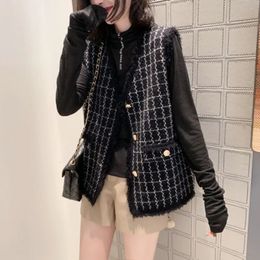 Plaid Women Tweed Vests Black V Neck Fringed White Waistcoat Jackets Female Spring Autumn Korean Style Pockets Vintage Clothing 240103