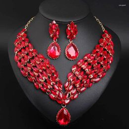 Necklace Earrings Set Statement Red Crystak African Women Choker Dubai Jewelry Rhinestone Collar Nigeria Bijoux Wedding