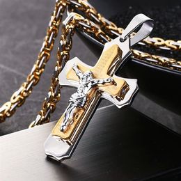 Stainless Steel Link Chain Necklace Crucifix Pendant Necklaces for Men Jesus Piece Cross Men Jewelry 22-28 Long FC083292B