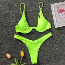 Jeans Neon Green Vbar Underwire Bikini 2023 Female Swimsuit Women Swimwear Twopiece V Shape Wire Bikini Set Bather Bathing Suit K439