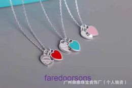 Family T Double Ring Tifannissm Necklace Enamel Heart High Version Love Blue Pink Red shaped Collar Chain Simple and Luxury Pendant Have Original Box