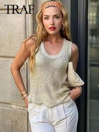 Dresses TRAF Women Casual Sequin Knitted Round Neck Sleeveless Tank Tops Asymmetrica Hem Loose Camis 2023 Female Fashion Streetwear