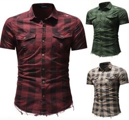 Men Plaid Shirts Short Sleeve Slim Fit Turn Down Collar Shirts with Pockets 3 Colours Summer Ripped Denim Shirt Plus Size2535868