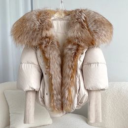 Women Winter Coat White Goose Down Jacket With Big Real Silver Fox Fur Collar Female Loose Outerwear Fashion Overcoat 240102