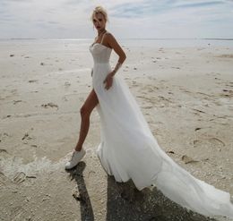 Sexy Boho Beach Wedding Dress 2024 Spaghetti Straps Beaded Pearls Silt Sweetheart A Line Women Bride Bridal Gowns Vestido De Novias Robe De Mariage