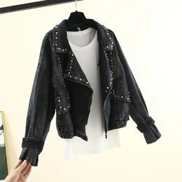 Spring Autumn Denim Jacket Women Loose Fashion Large Size Nail Beads Harajuku Vintage Motorcycle Denim Coat Female 240103