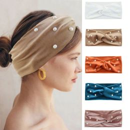 Elegant Women Golden Velvet Pearls Wide Headband Cross Knotted Hairbands Autumn Winter Warmer Ear Hair Accessories