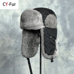 Russia Winter Real fur Hat Unisex Outdoor Windproof Super Warm Rabbit Fur Bomber Hats Natural Soft Caps 240103