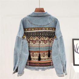 Spring Loose Vintage Ethnic Embroidery Tassel Jeans Jacket Women Frayed Blue Denim Jacket Long Sleeve Casual Outerwear 240102