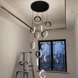 New Ring Aluminum Chandelier Villa Spiral Staircase Chandelier Living Room Decorative Lamp Family Lighting Modern LED Luster