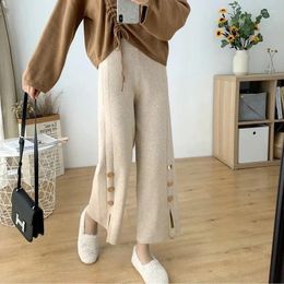 Women's Pants Autumn Winter Korean Version Of Female's Loose Thin High Waist Knitted Wide Leg Open Button Straight Woman Clothing