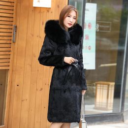 Sweatshirts Pure Real Rabbit Fur Coat for Women Long Natural Fox Fur Hoodies Pockets Genuine Collar Overcoat Dropshipping Female Jacket