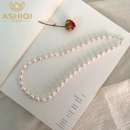 ASHIQI Real Freshwater Pearl Necklace 925 Sterling Silver Clasp Jewelry for Women Natural Growth Pattern Gift 240102