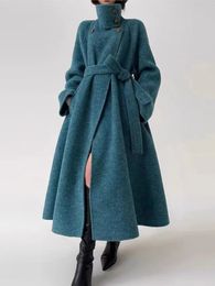 Design Fashion Women Winter Long Woollen Coat Elegant Casual Solid Warm Soft Laceup Jackets Female Outerwear Overcoats 240102