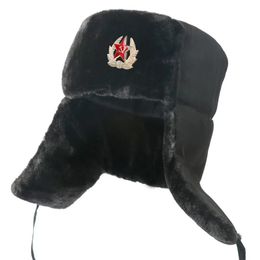 Caps Men's Winter Soviet Badge Lei Feng Hats Russian Ushanka Hat Outdoor Warm Thicken Faux Rabbit Fur Windproof Snow Caps