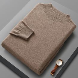 100% Pure Wool Mens Sweater High Neck Knitted Long Sleeve Pullover Basic Solid Colour Casual Fashion Top 240103