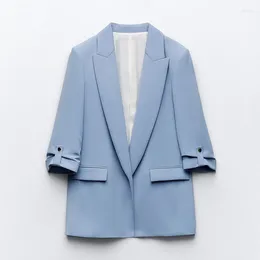 Women's Suits 2024 Spring Autumn Women Shoulder Pads Blazer Rolled-Up Sleeves Short Jacket Coat Lapel Open Front Casual Suit Outerwear