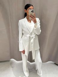 Fashion Solid Belt Blazer Suit Women Vintage Lapel Long Sleeve Jacket 2 Pieces Set Spring Chic Office Lady White Pant Suits 240102