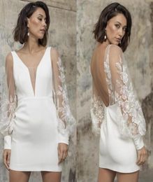 Chic Short Wedding Dresses for Bride Second Reception Gowns Lace Long Sleeved Open Back Party vestido de novia4303115