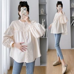 7156 Autumn Korean Fashion Patchwork Maternity Blouses Oversize Loose Tunic Clothes for Pregnant Women Cute Pregnancy Tops 240102