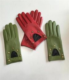 Women039s Natural Leather Rivet Punk Style Gloves Female Genuine Leather Hollow Out Red Green Motorcycle Driving Gloves R749 202323045