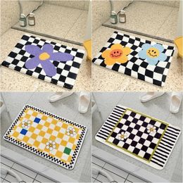 Cute Flower Bath Mats Soft Plush Checkerboard Shower Room Floor Carpets Non-slip Kids Bathroom Absorb Rugs Tapis Salle De Bain 240103