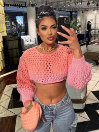 Women's T Shirts Jacqueline Sexy Sheer Hollow Out Women Loose Pullover Knit Crop Tops 2024 Spring Summer Y2K Clothes Fashion