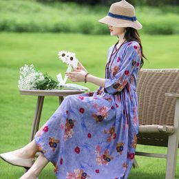 Dresses 2023 New Arrival Thin Soft Cotton Linen Print Floral Prairie Chic Fashion Women Spring Summer Dress Holiday Travel Casual Dress