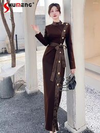 Casual Dresses Women's Velvet Winter Graceful Mature High-End Stand Collar Single-Breasted Slim Fit Slit Feminine Nice Long Dress