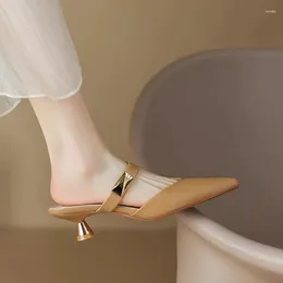 Sandals Size 35-42 Women Kitten Heels Mules Golden Rivet Pointed Toe Summer Fashion Beige Ladies Casual Med Shoes