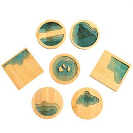 Table Mats 100pcs Round Cup Pad Epoxy Resin Transparent Bamboo Insulation Landscape Pattern Tea Holder Mat For Kitchen
