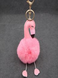 Keychains Simulation Rex Fur Pink Flamingo Key Chain - Beach Bag Purse Charm Gold Ring y Ball Fashion Gift7713486