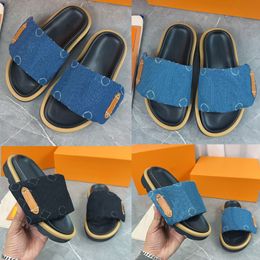 Pool Pillow Flat Comfort Mule 1ACJVH mens womens sandals slippers version comes in faded denim wide front strap is padded for comfort embellished Large size 35 46