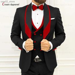 Men's Suits Blazers Fashion Black Suit Men Slim Fit Formal Wedding Prom Groom Tuxedo Tailor-made Business Red Velvet Lapel Blazer Vest Pants 3 Piece Q230103