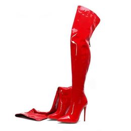 Boots Women Red Over The Knee Pointed Toe Stilettos Shiny Leather Sexy Ladies Big Circumference Womens 220906