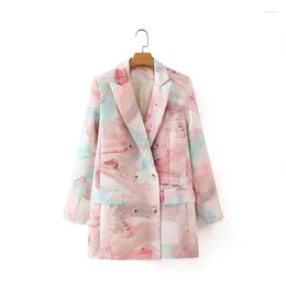 Women's Suits 2024 Autumn Women Blazer Coat Fashion Mid-Length Double Breasted Casual Graffiti Print Suit Jacket Female Outerwear G2424