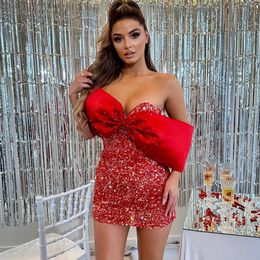 Red Beaded Prom Dresses With Big Bow Sheath Sequined Party Gowns Off The Shoulder Neckline Short Special Occasion Homecoming Dress