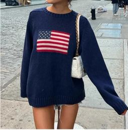 Designer Women's Sweaters Flag Vintage Casual Long Sleeve Crew Neck Loose Fit Knit Pullover Jumper Y2k Aesthetic Harajuku coat