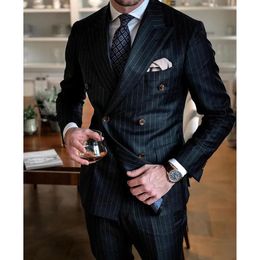 Black Striped Men Suits Fashion Lapel Double Breasted Male Blazer with Pants Formal Casual Wedding Tuxedo 2 Piece Slim 240103