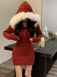 Winter Christmas Knitted Sweater Dress Hooded Women Slim Bodycon Y2k Mini Dress Fur Female Dress Korean Elegant 240103