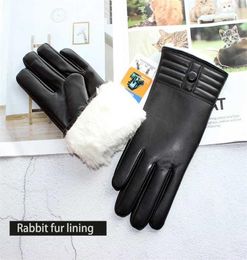 Winter Thickened Warmth Touch Screen Sheepskin Gloves Female Leather White Rabbit Fur Lining Outdoor Windproof Increase Finger 2201147921