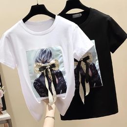 Shirts Gkfnmt Women Summer T Shirts Tops O Neck Tshirt Cotton Tshirt White 2021 Diamond Bow Black Short Sleeve Vetement Femme